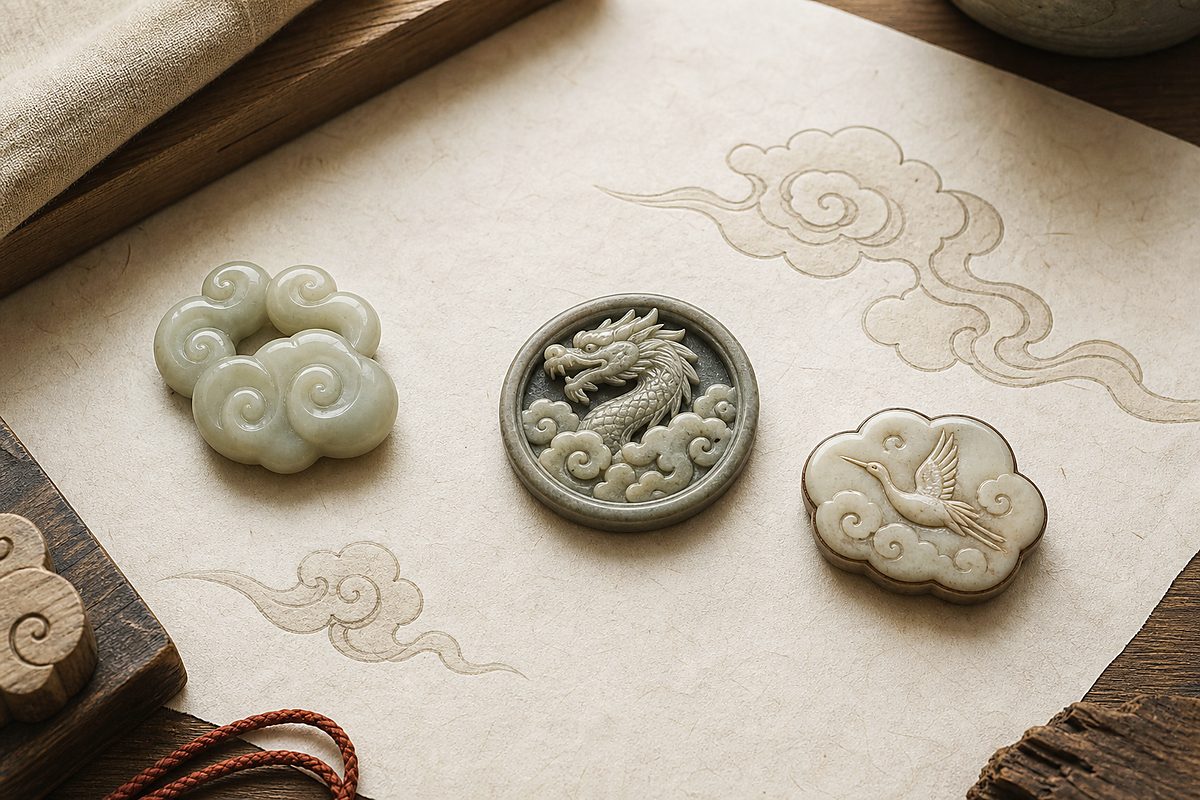 Standalone cloud charm and cloud framed motif tokens arranged on handmade paper