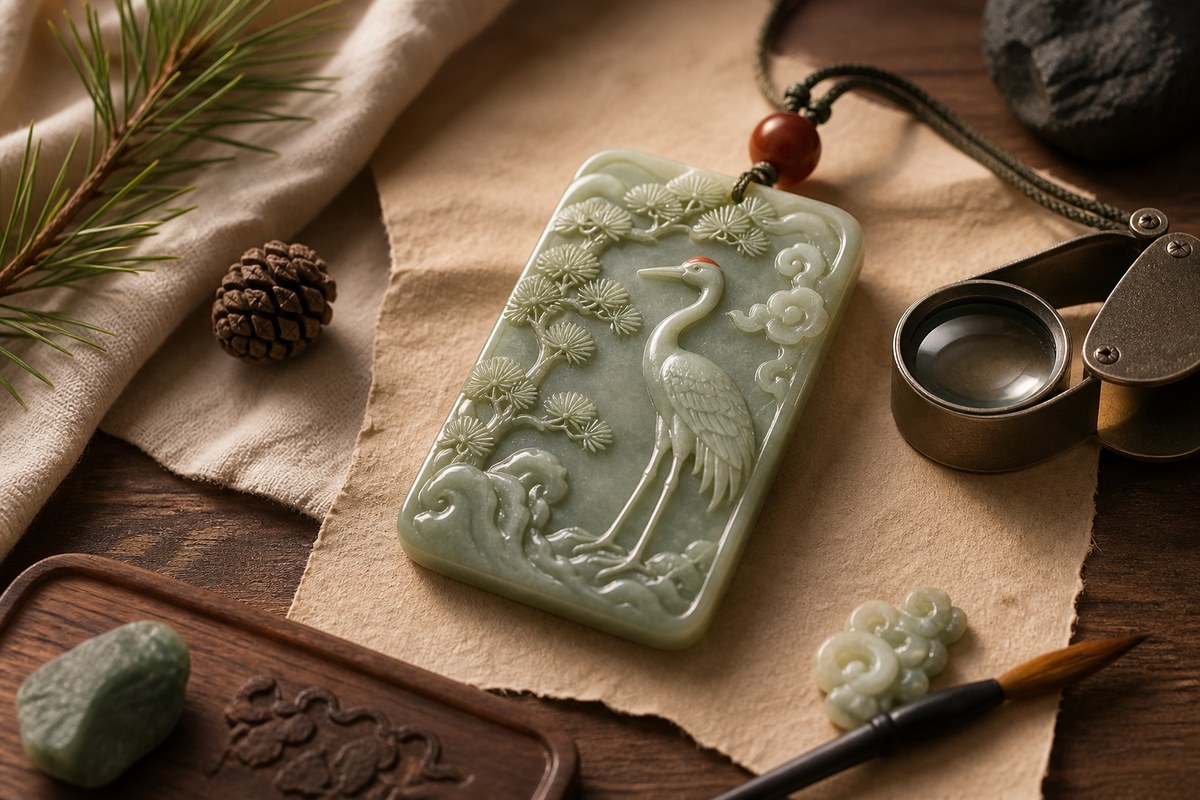 Jade crane motif inspected with loupe, showing long neck, legs, wing, red crown, pine, and cloud details