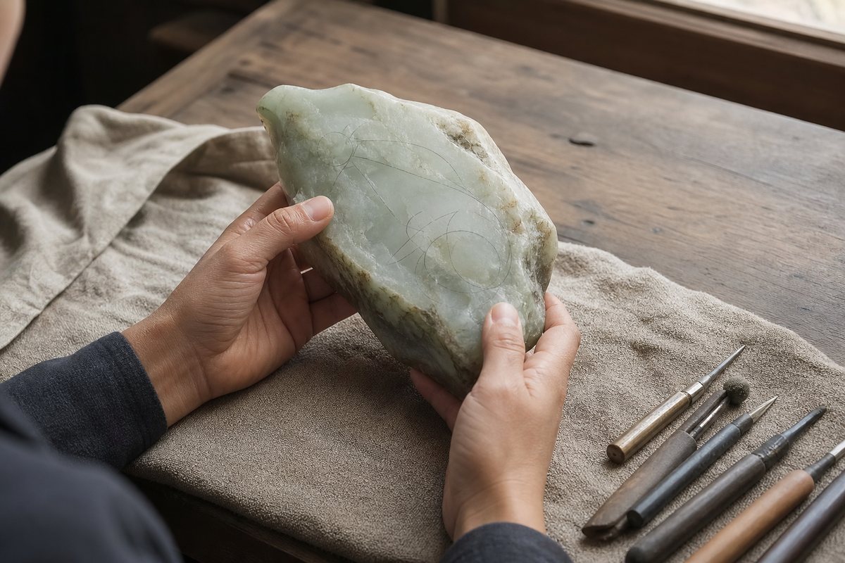 Hands inspecting an irregular pale green-white jade-like raw stone beside carving tools on a wooden workbench
