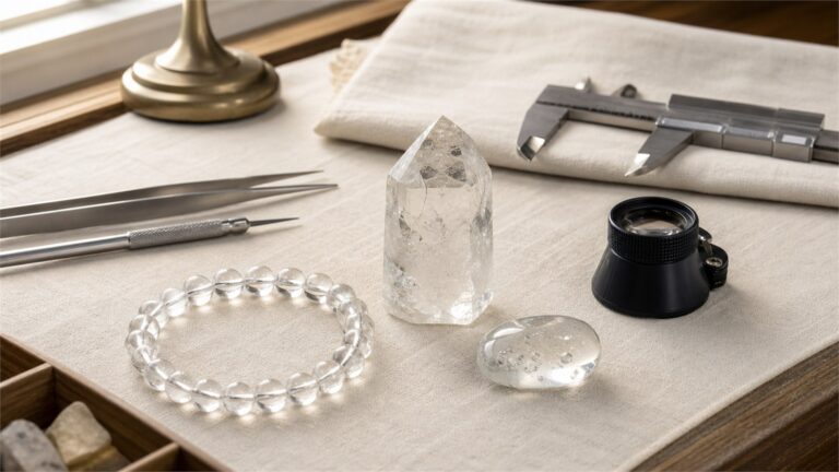 Natural quartz, a glass imitation, a 10x loupe, calipers, and neutral gem-testing tools on a sunlit workbench