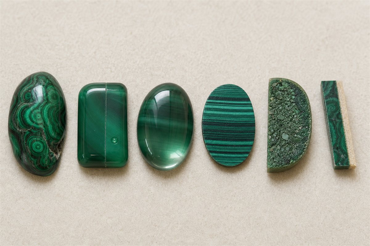 Natural malachite beside resin, glass, printed-pattern, reconstituted, and thin-layer imitation samples