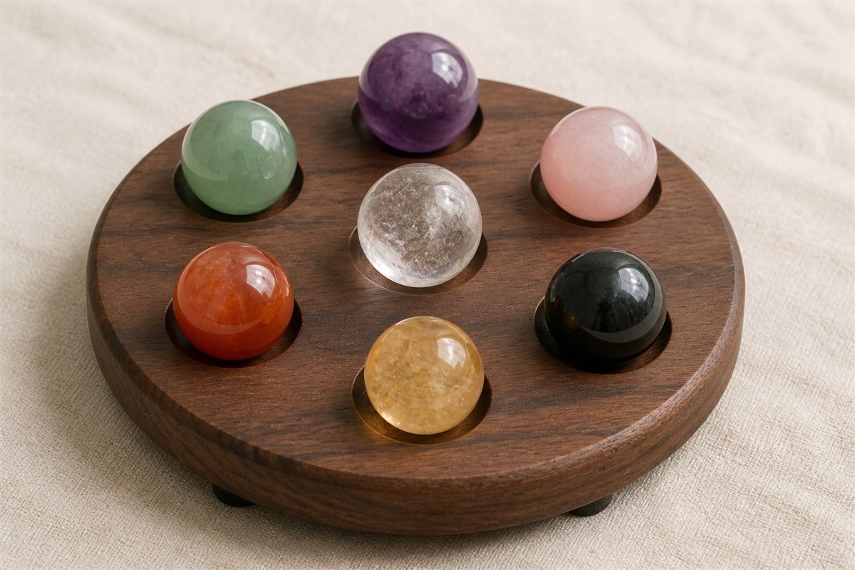 Seven crystal spheres seated in fitted recesses on a stable wood grid base with space between them.