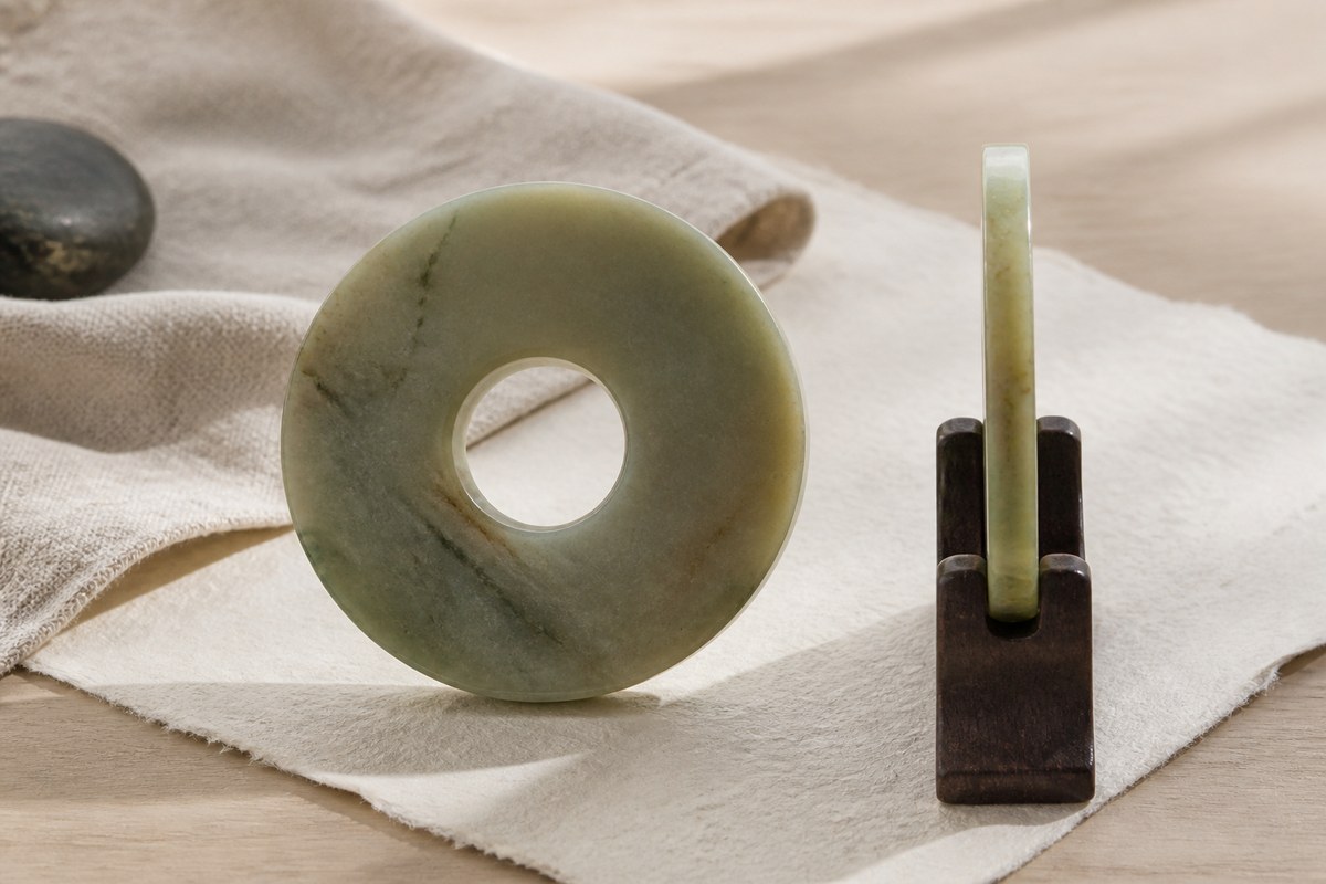 A jade bi disk shown upright with its round rim, central hole, and thickness visible.