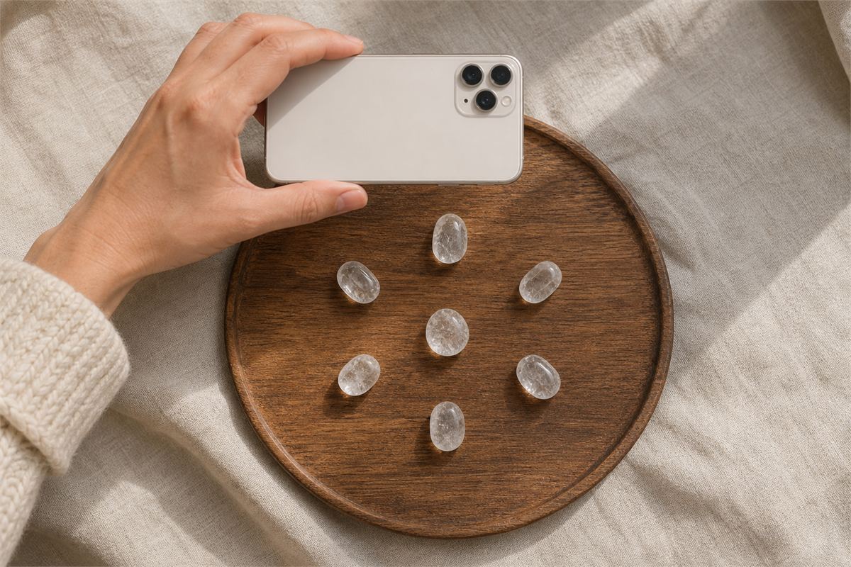 Person holding a phone above a finished seven-stone grid to record its order and spacing.