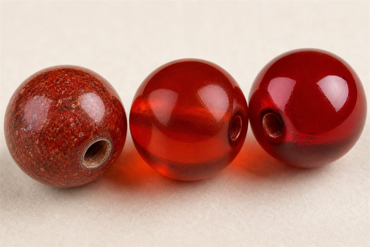 Three intact red beads with granular composite, translucent resin, and smooth glass surfaces
