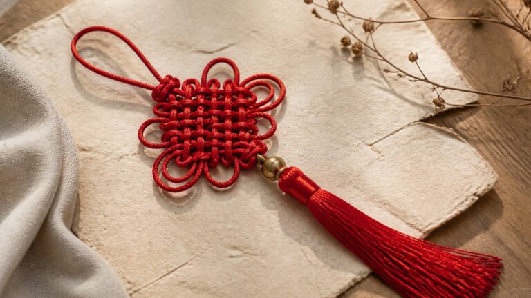 Red Chinese knot with tassel on warm parchment and natural wood