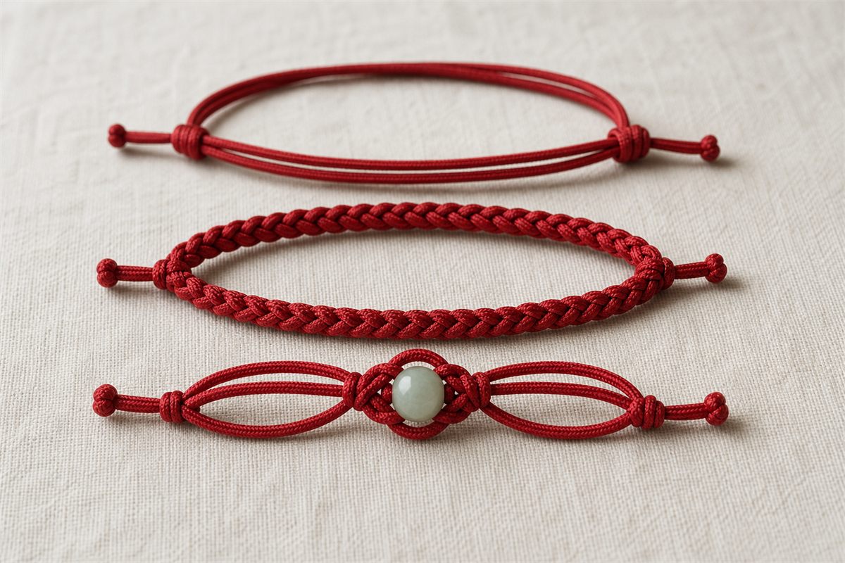 Three red cord bracelets showing plain cord, tight braid, and decorative knot constructions