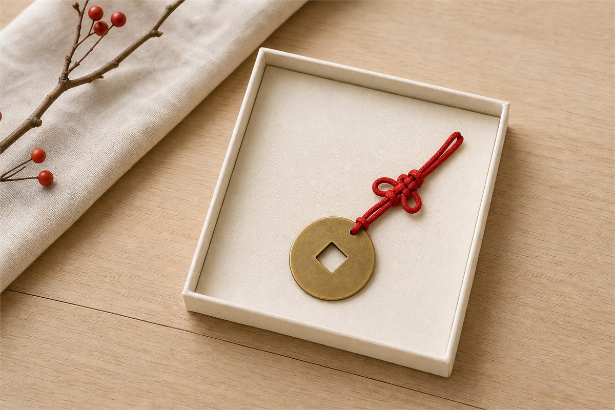 Blank brass-toned square-holed motif attached to short red cord in an ivory tray