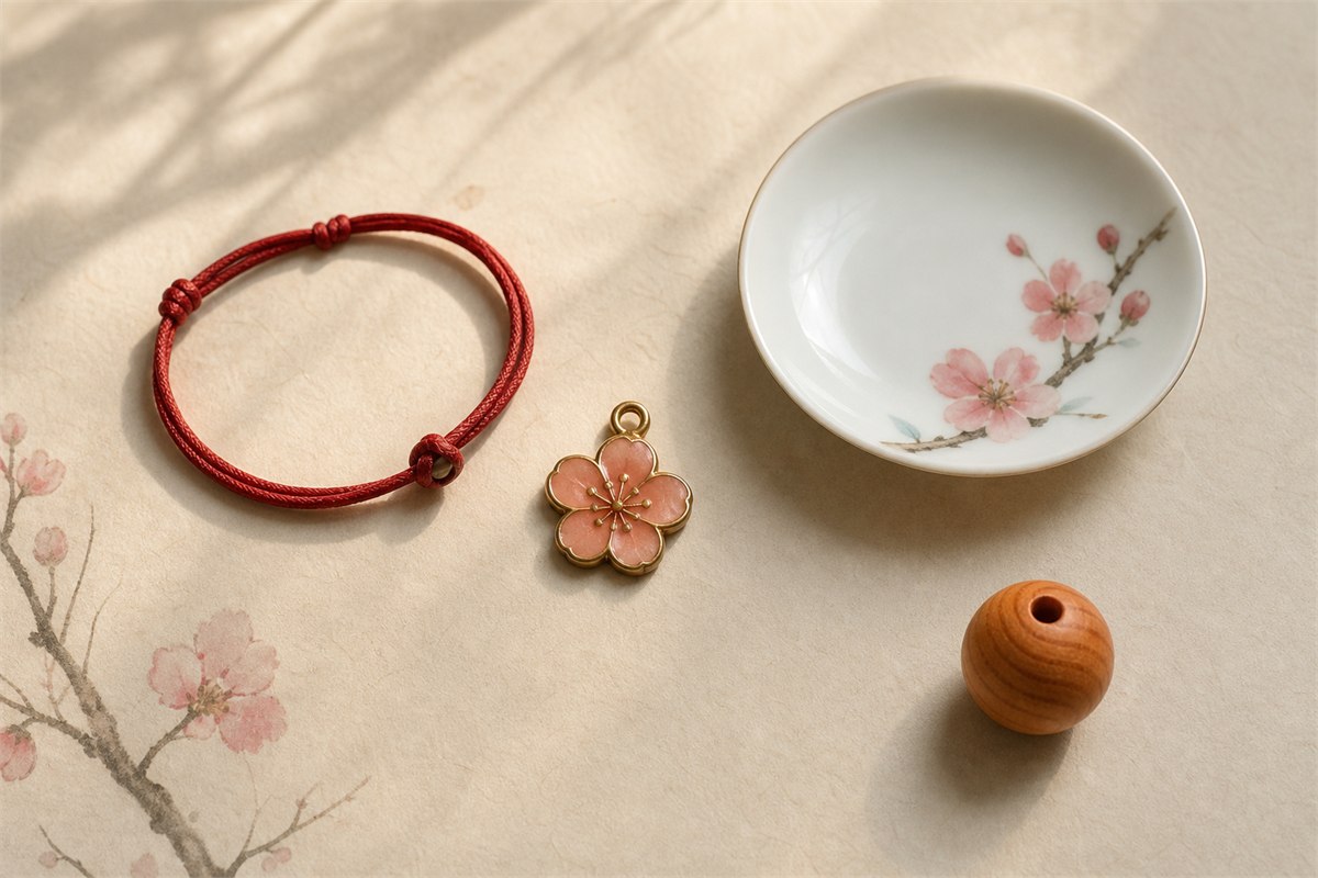 A red cord bracelet, floral pendant, small porcelain dish, and carved peach wood bead displayed separately