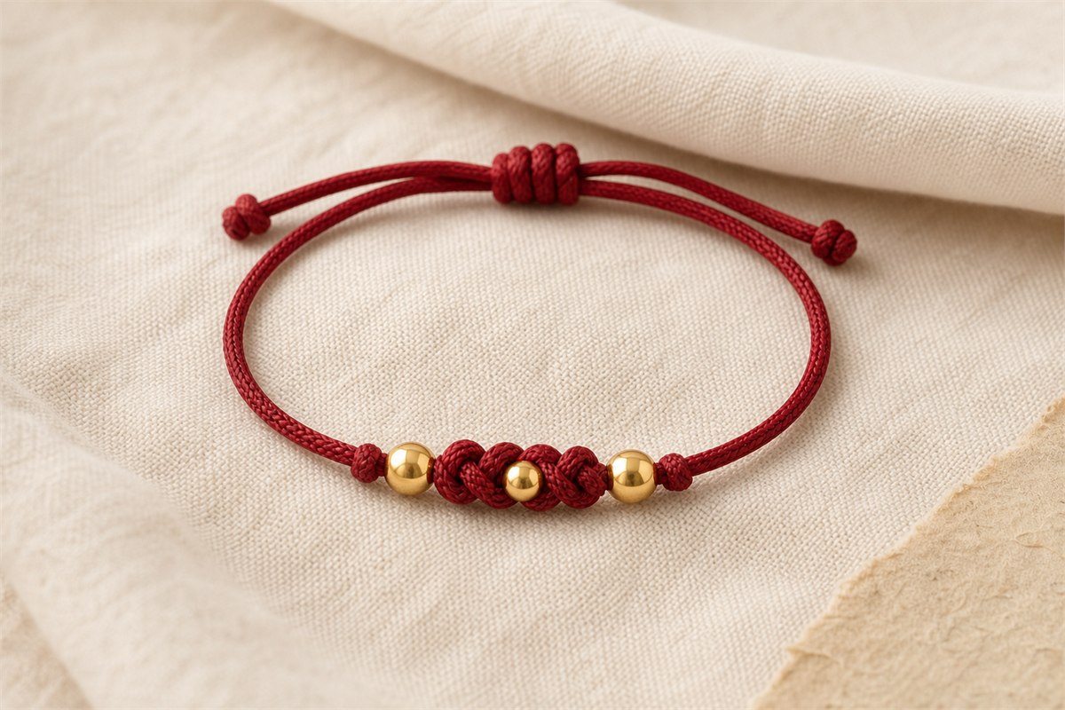 Three polished gold luck beads centered on a hand-tied red cord bracelet