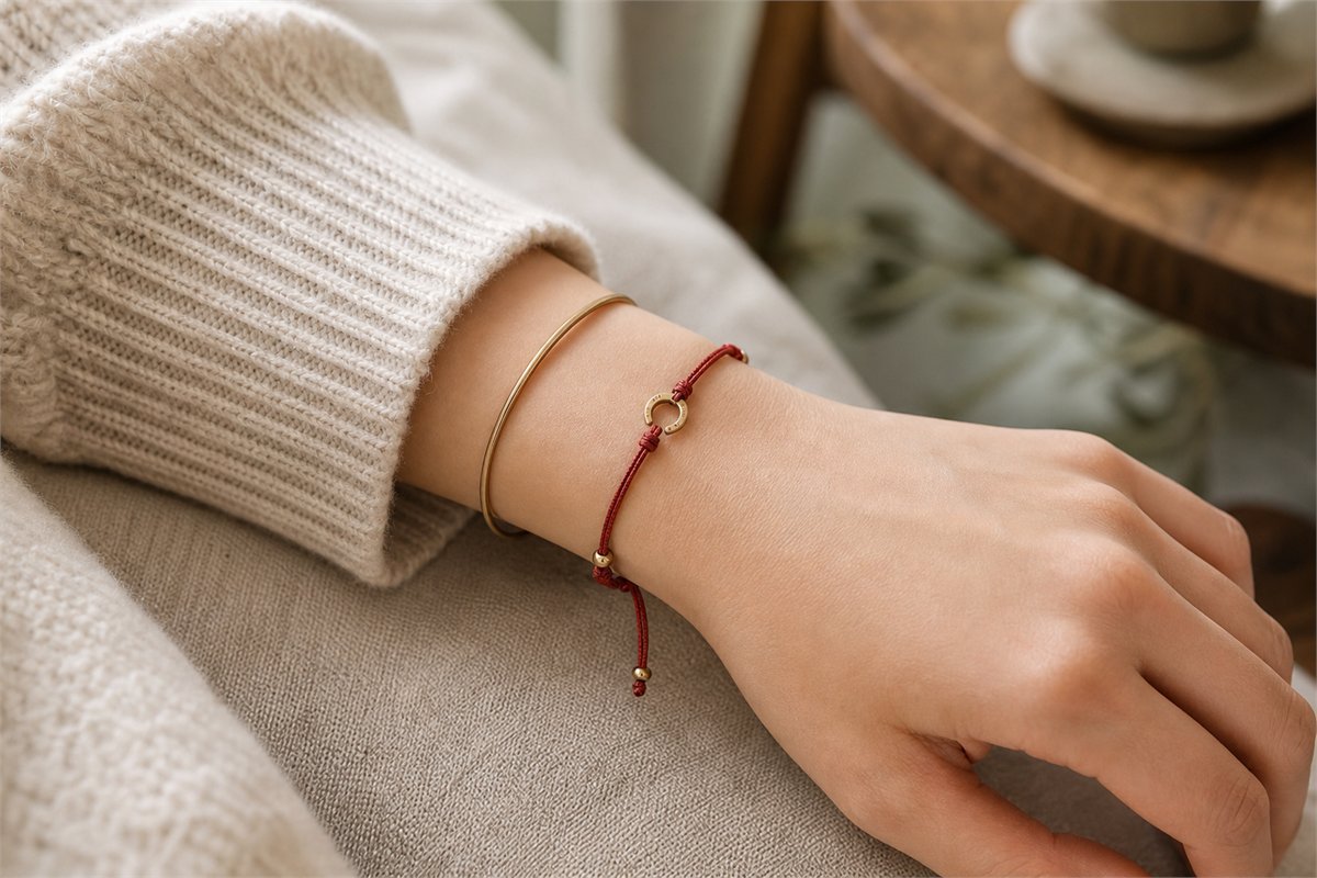 Small gold horseshoe charm on a muted red cord bracelet worn with a thin gold bangle