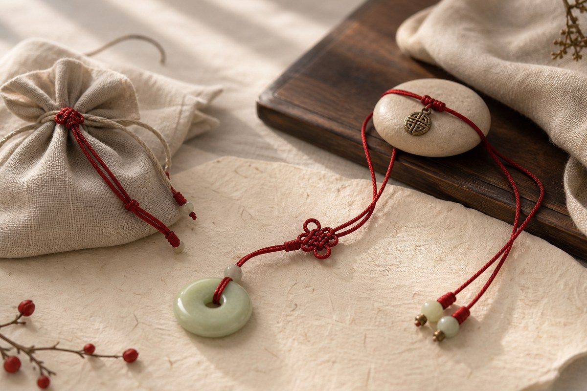 Red cord, jade piece, and small blessing gift arranged on warm paper