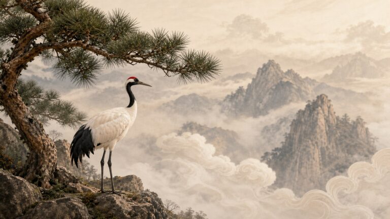 Red-crowned crane with pine and soft clouds, symbolizing longevity and immortal grace
