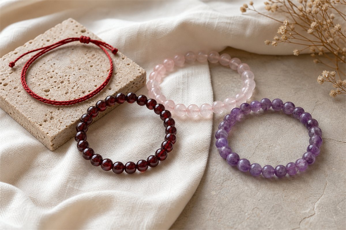 Red cord, garnet, rose quartz, and amethyst bracelets on ivory fabric