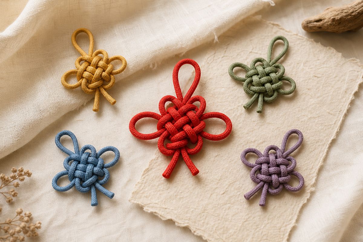Red, gold, green, and blue cord knots arranged on soft ivory fabric