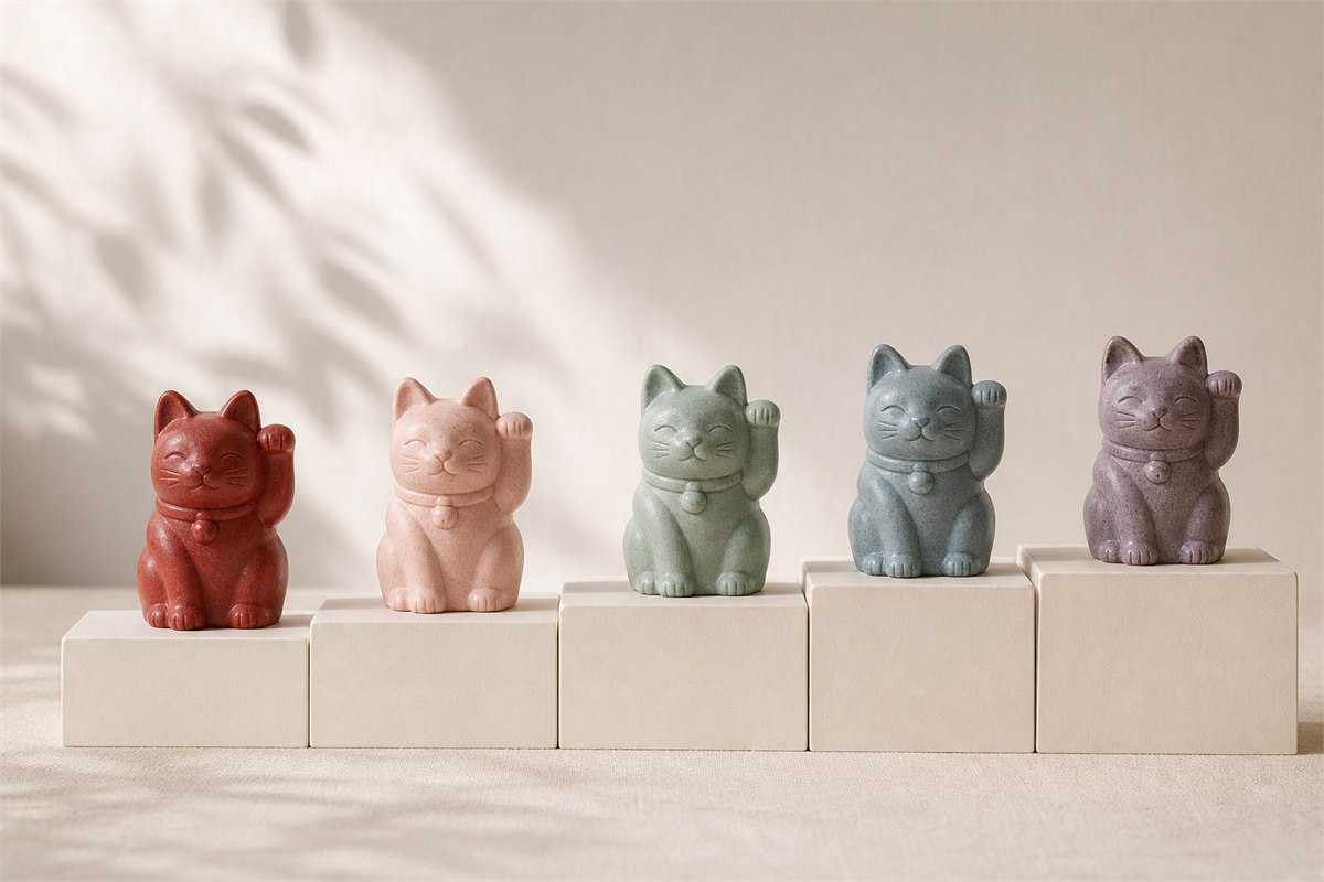 Five small ceramic lucky cats in red, pink, green, blue, and purple arranged on stepped neutral blocks