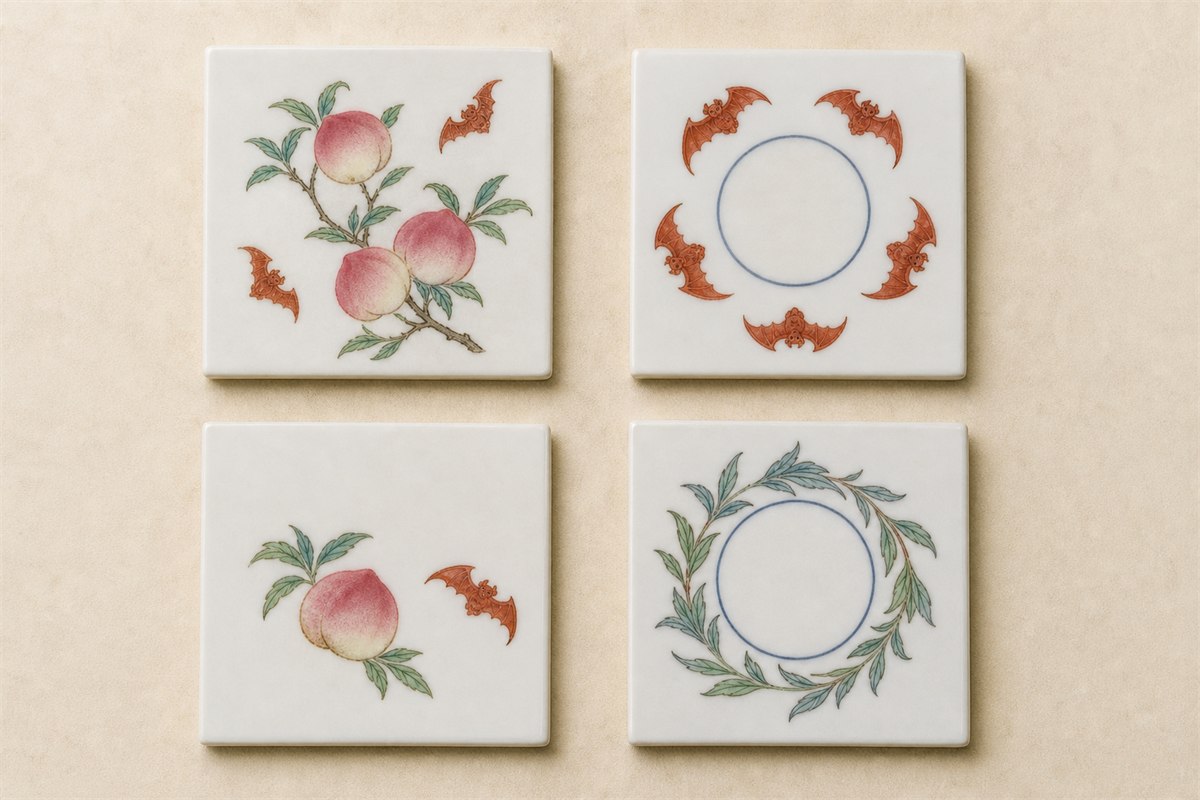 Four ceramic samples showing peach-and-bat, five-bat medallion, peach with one bat, and leaf-wreath designs