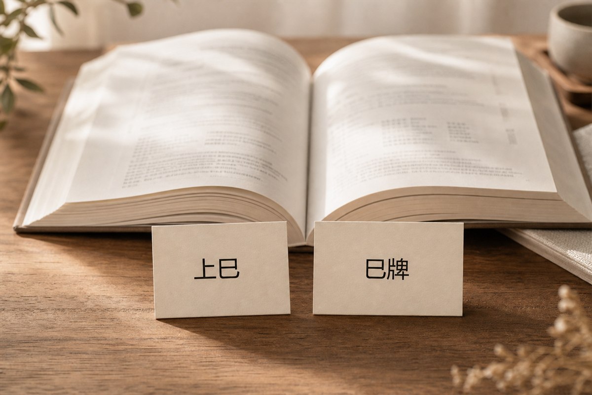 Modern dictionary study with two cards printed 上巳 and 巳牌