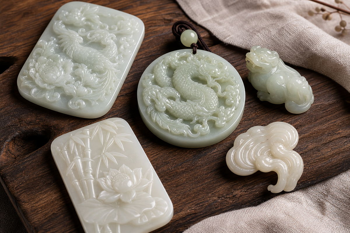 Relief jade carving (浮雕玉雕) motifs with dragon, phoenix, Pixiu, lotus, bamboo, and Lingzhi details