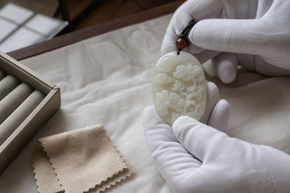 Relief jade carving (浮雕玉雕) pendant checked in natural light with soft cloth and jewelry storage box
