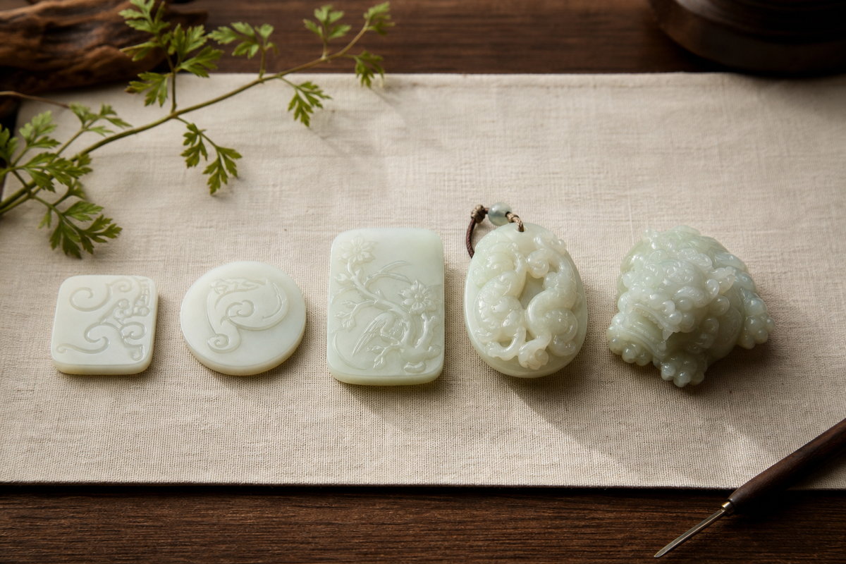 Relief jade carving (浮雕玉雕) samples arranged by shallow, middle, and high relief depth