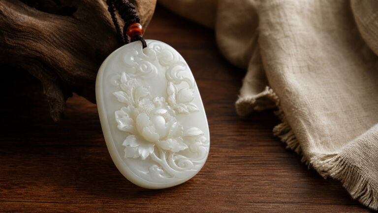 Relief jade carving (浮雕玉雕) pendant with raised floral design and soft side light