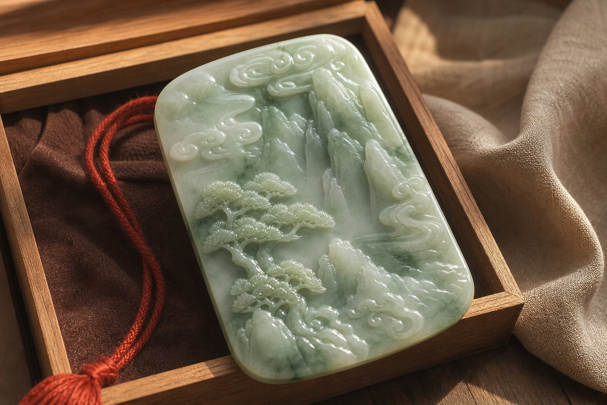Relief jade carving (浮雕玉雕) plaque with raised mountain, pine, and cloud design in a wooden box
