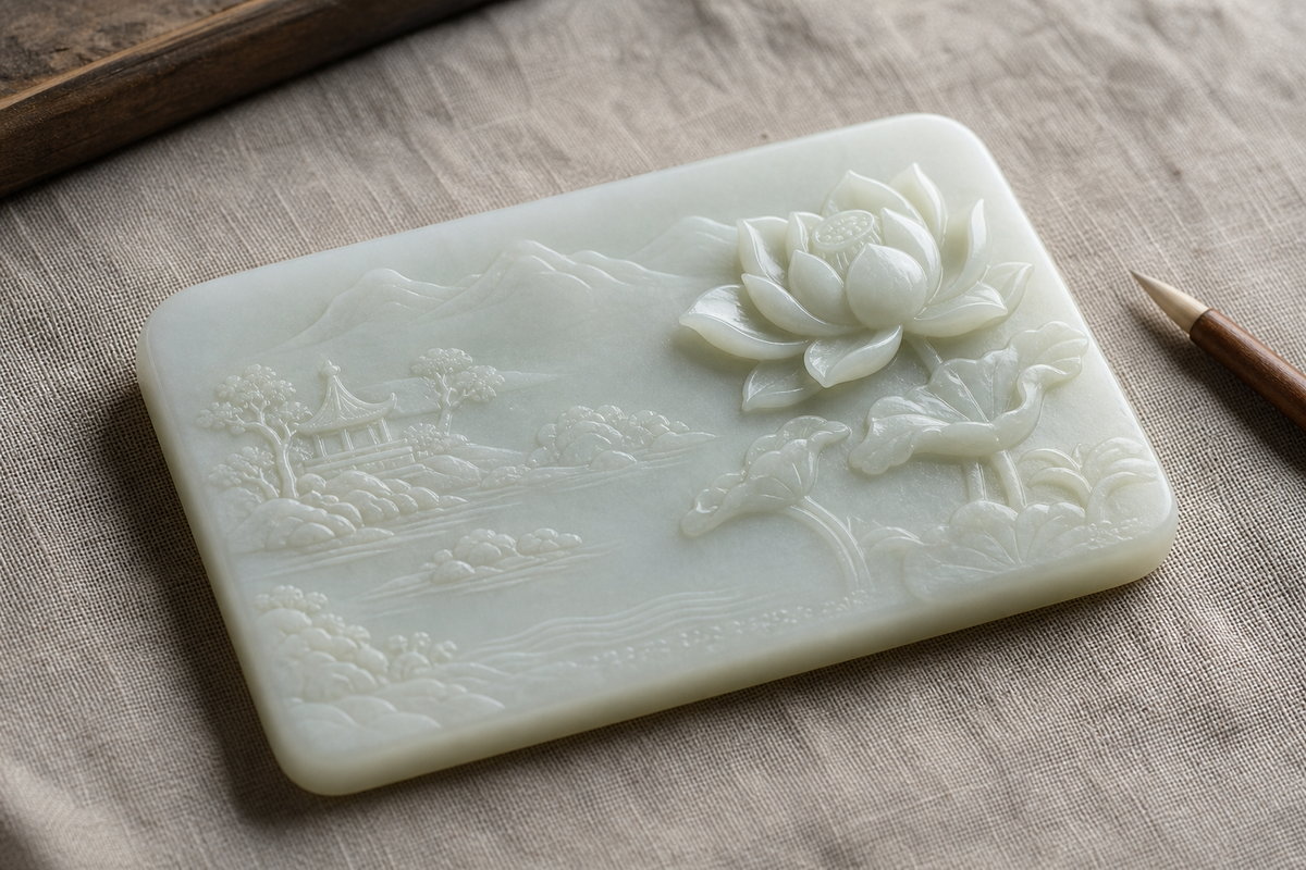 Relief jade carving (浮雕玉雕) plaque showing shallow and higher relief depth for comparison