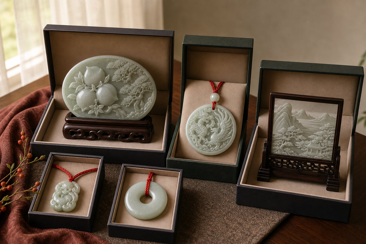 Relief jade carving (浮雕玉雕) gift scene with symbolic pendants, plaques, and soft red cord