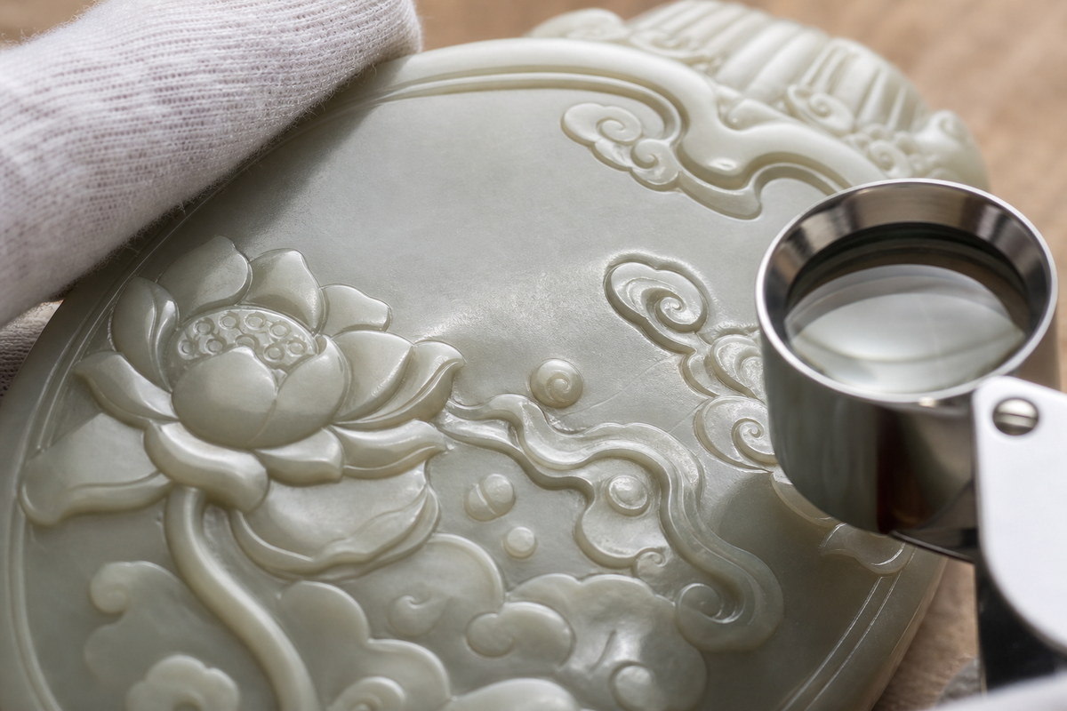 Relief jade carving (浮雕玉雕) close-up showing flat ground, crisp lines, polish, and layered depth