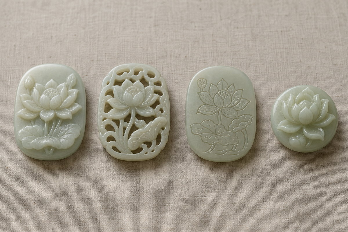 Relief jade carving (浮雕玉雕) compared with openwork, intaglio, and round jade carving forms