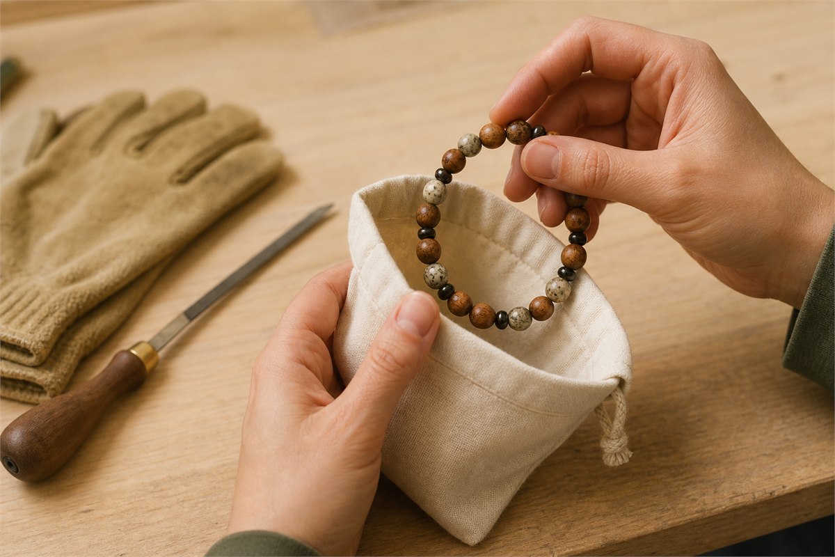 Adult hands placing a wood and stone bead bracelet into a fabric pouch beside work gloves