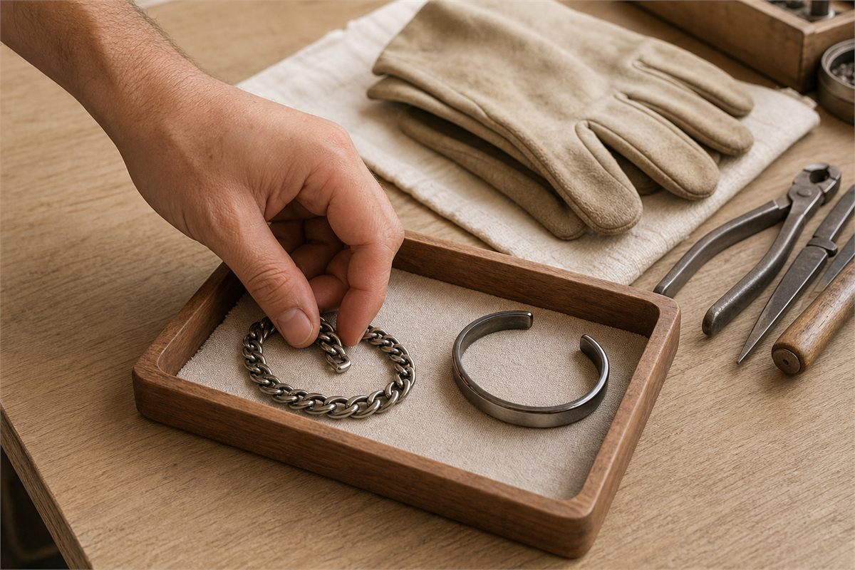 Hand placing a metal chain and cuff into a lined wooden tray beside work gloves and inactive tools