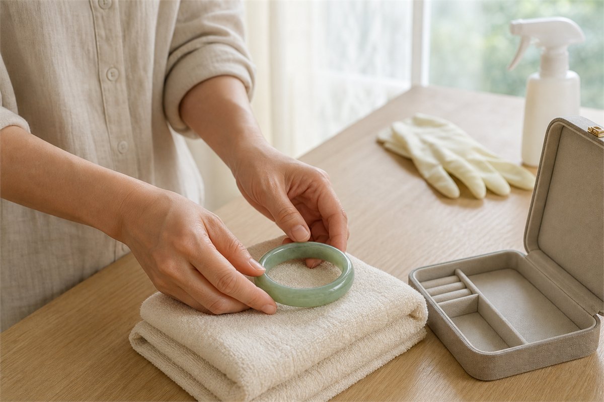 Hands placing a green jade bangle on a folded towel before cleaning