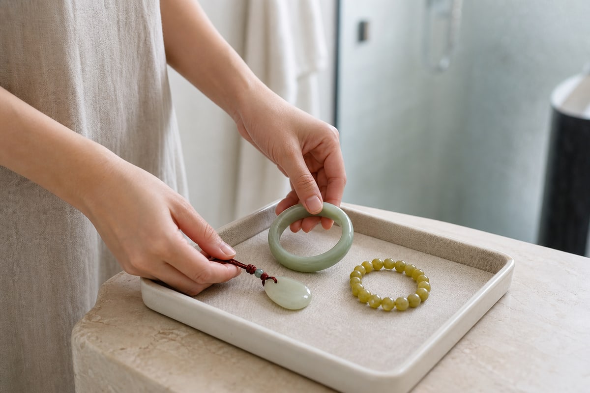 Adult hands placing a jadeite bangle, nephrite pendant, and Xiuyan serpentine bracelet on a padded tray before showering