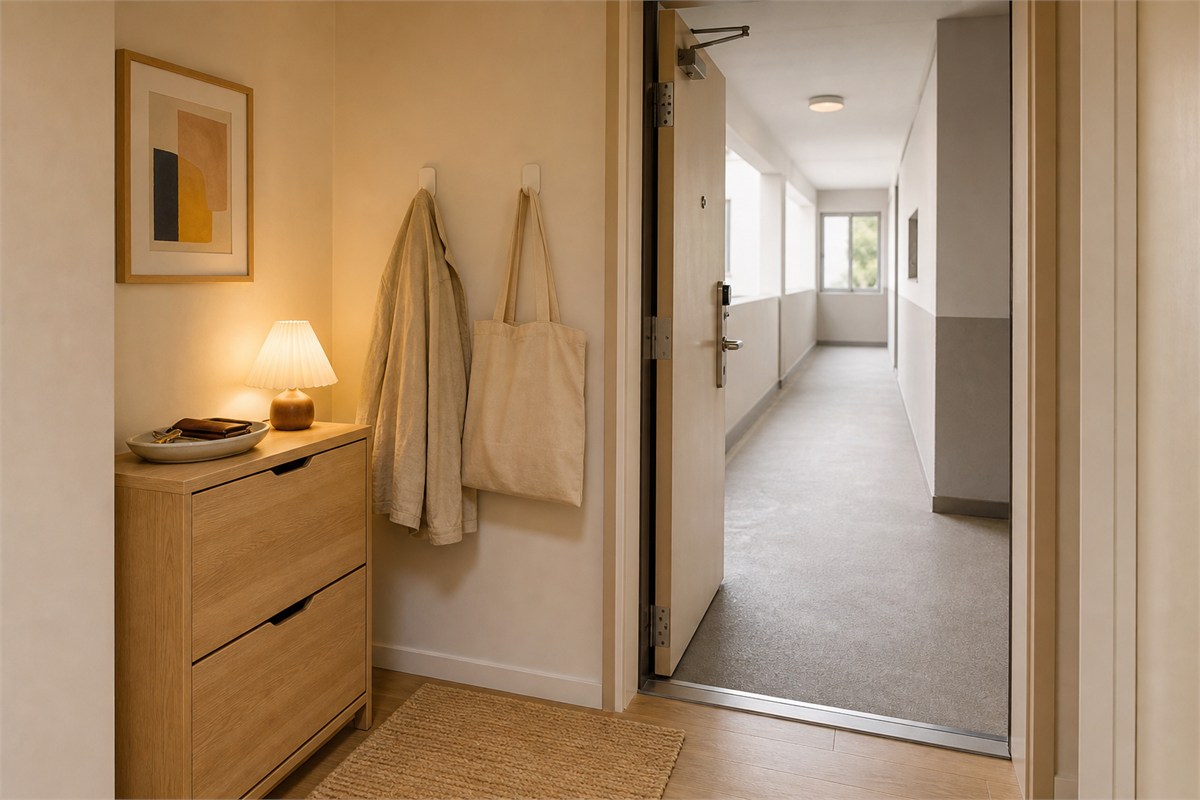 Rental apartment entry with removable hooks, shallow storage, flat mat, and an unobstructed common corridor outside