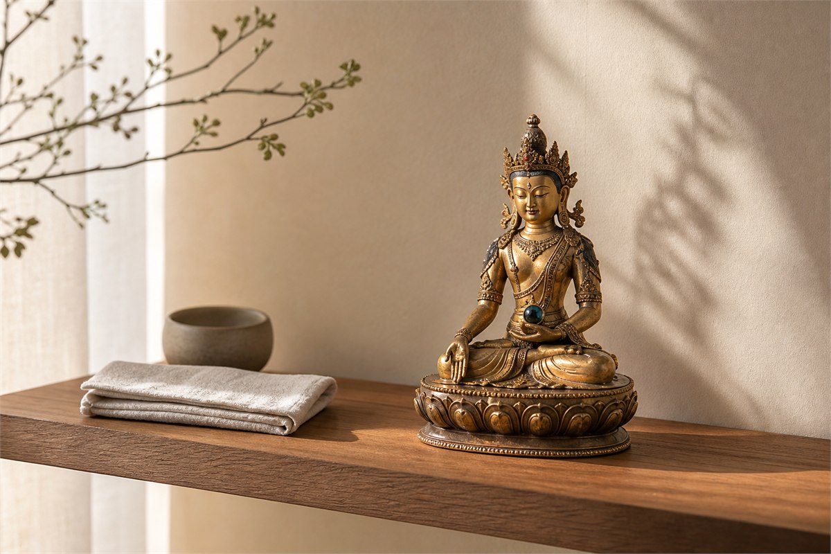 Small crowned bodhisattva statue placed securely on a clean wooden shelf
