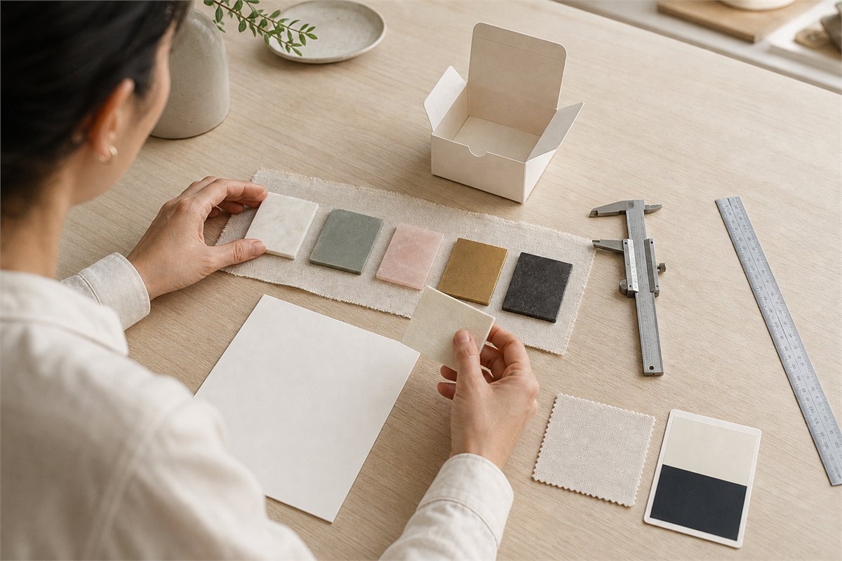Designer comparing five material samples with calipers, ruler, blank packaging, care swatch, and contrast card