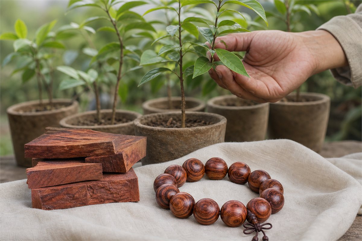 Wood bead bracelet and workshop offcuts beside healthy potted saplings and a supporting hand