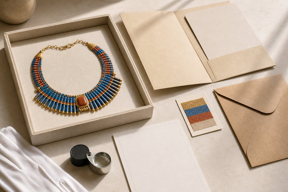 Modern Egyptian-inspired replica necklace in a presentation box beside blank documentation, receipt paper, loupe, and gloves