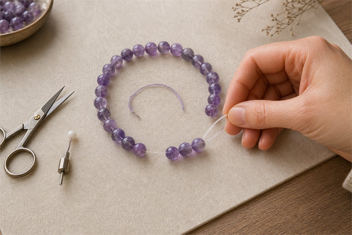 Hand threading amethyst beads on fresh elastic beside worn cord and jewelry tools