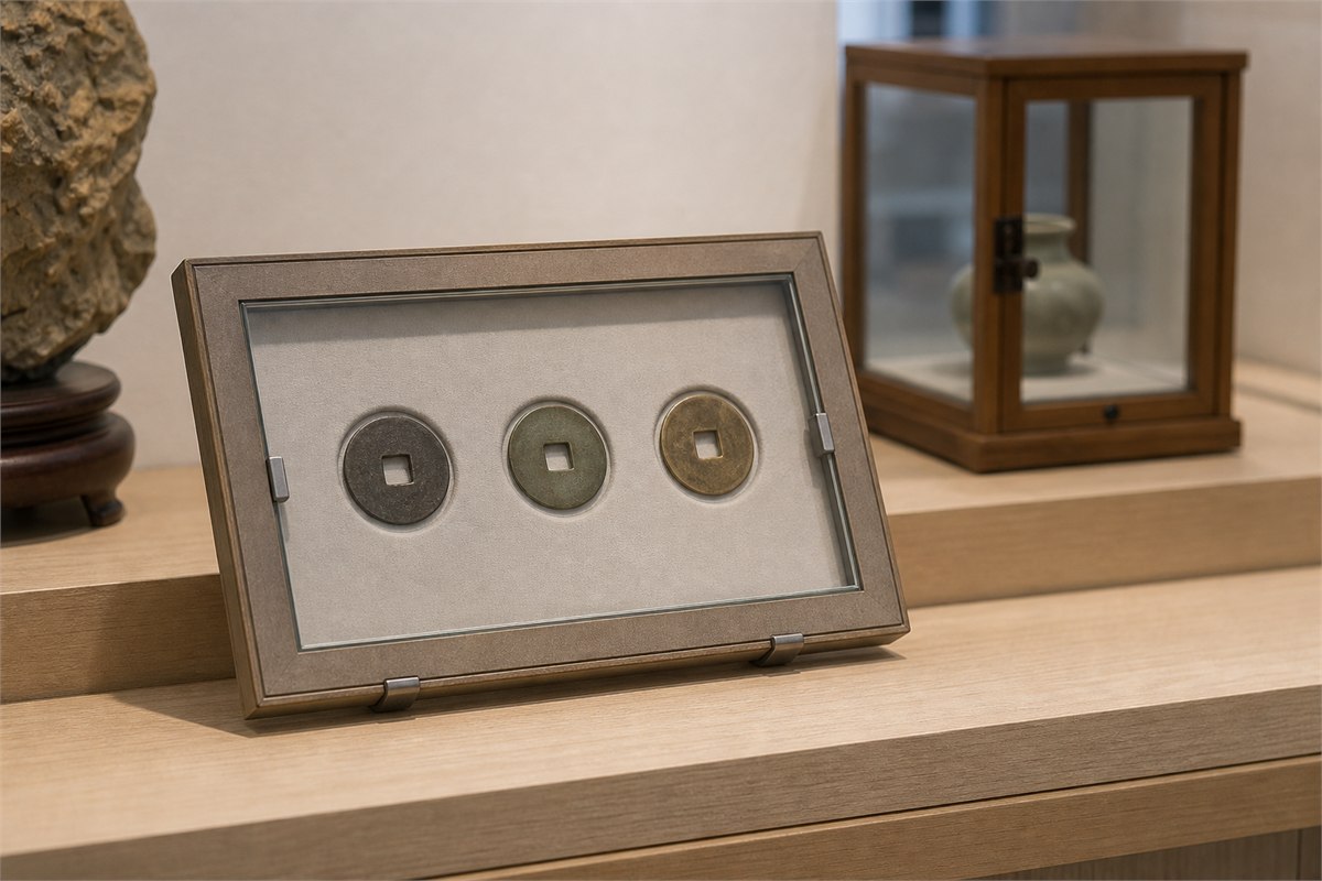 Three blank square-holed study coins held in a closed removable conservation frame