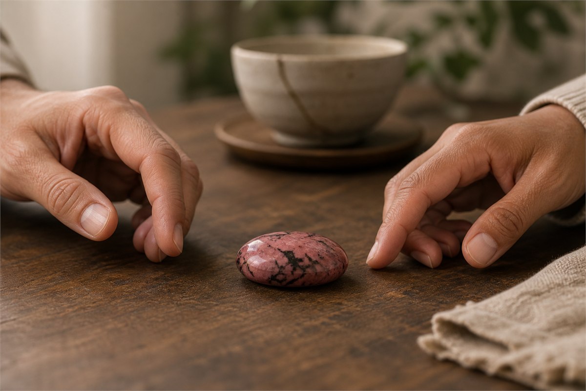 Pink rhodonite with dark veining resting between two hands on a wooden table