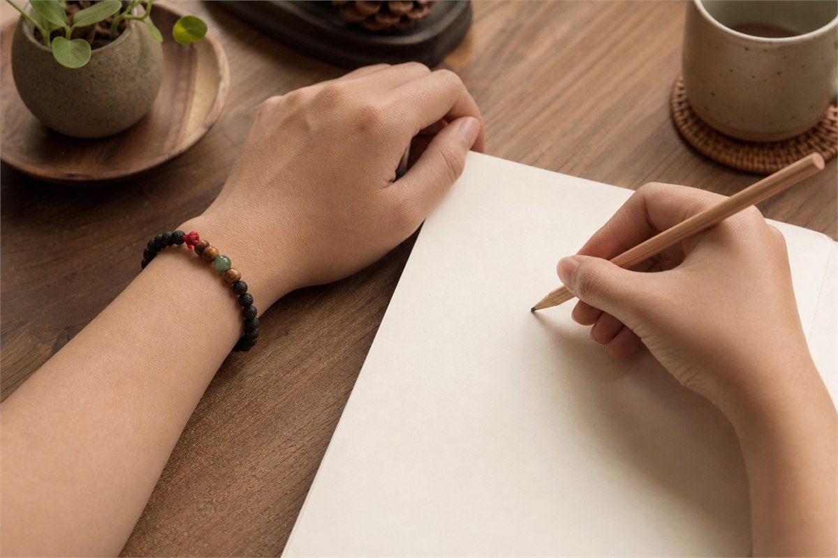 Right hand writing while a flexible mixed bead bracelet rests on the left wrist