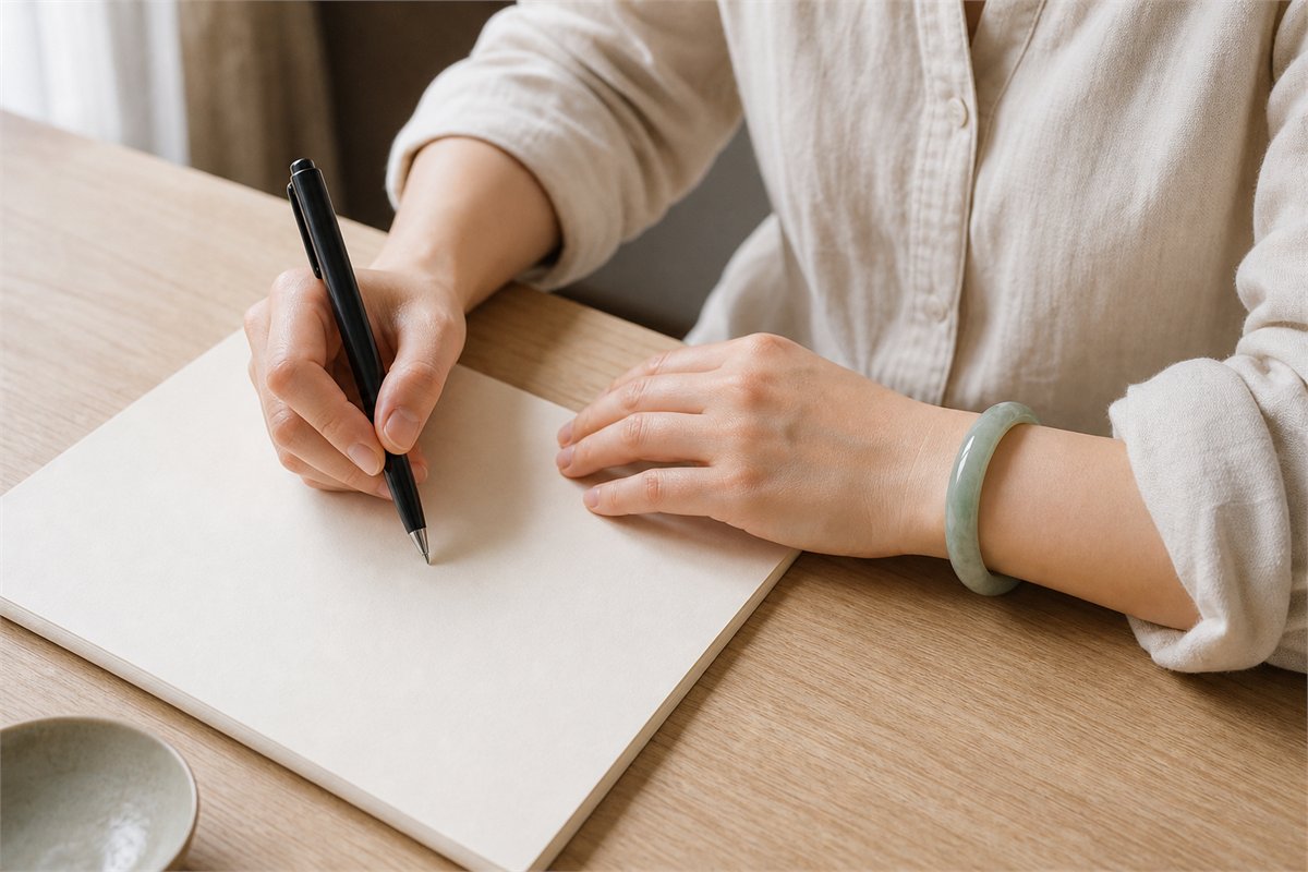 Right hand writing while a green jade bangle rests on the left wrist