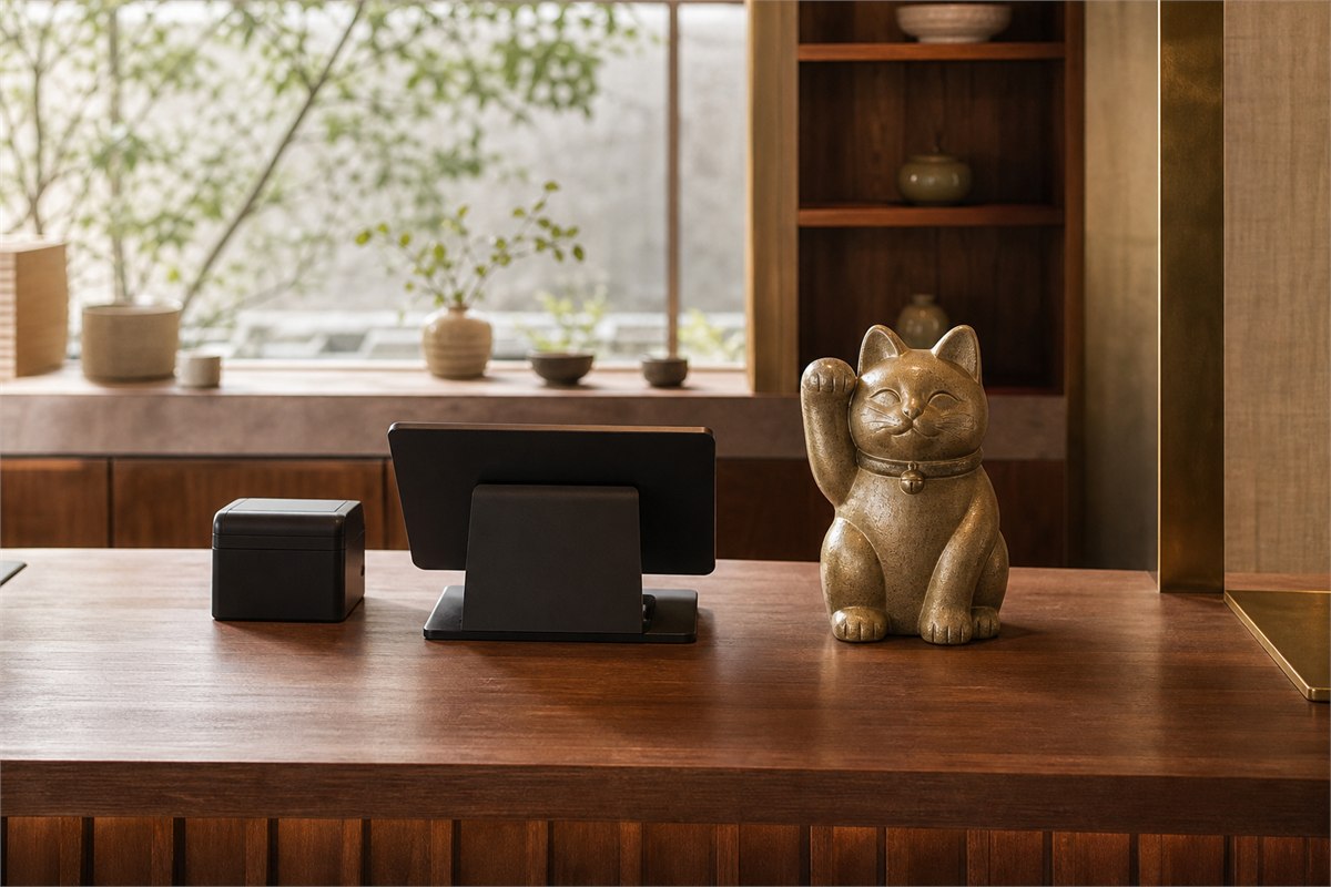 Muted gold right-paw lucky cat beside a clean shop cash register without blocking the customer counter