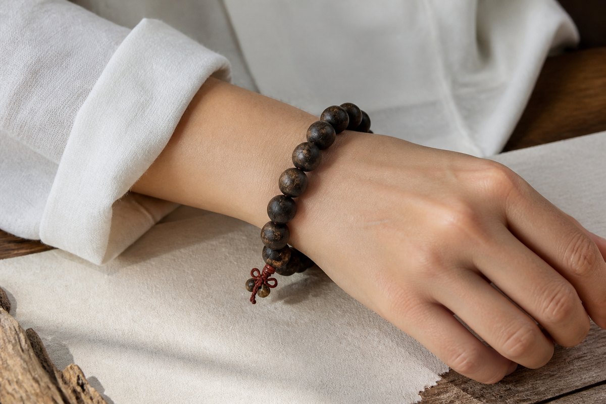 Thunderstruck wood bracelet worn on the right wrist with soft linen and warm natural daylight