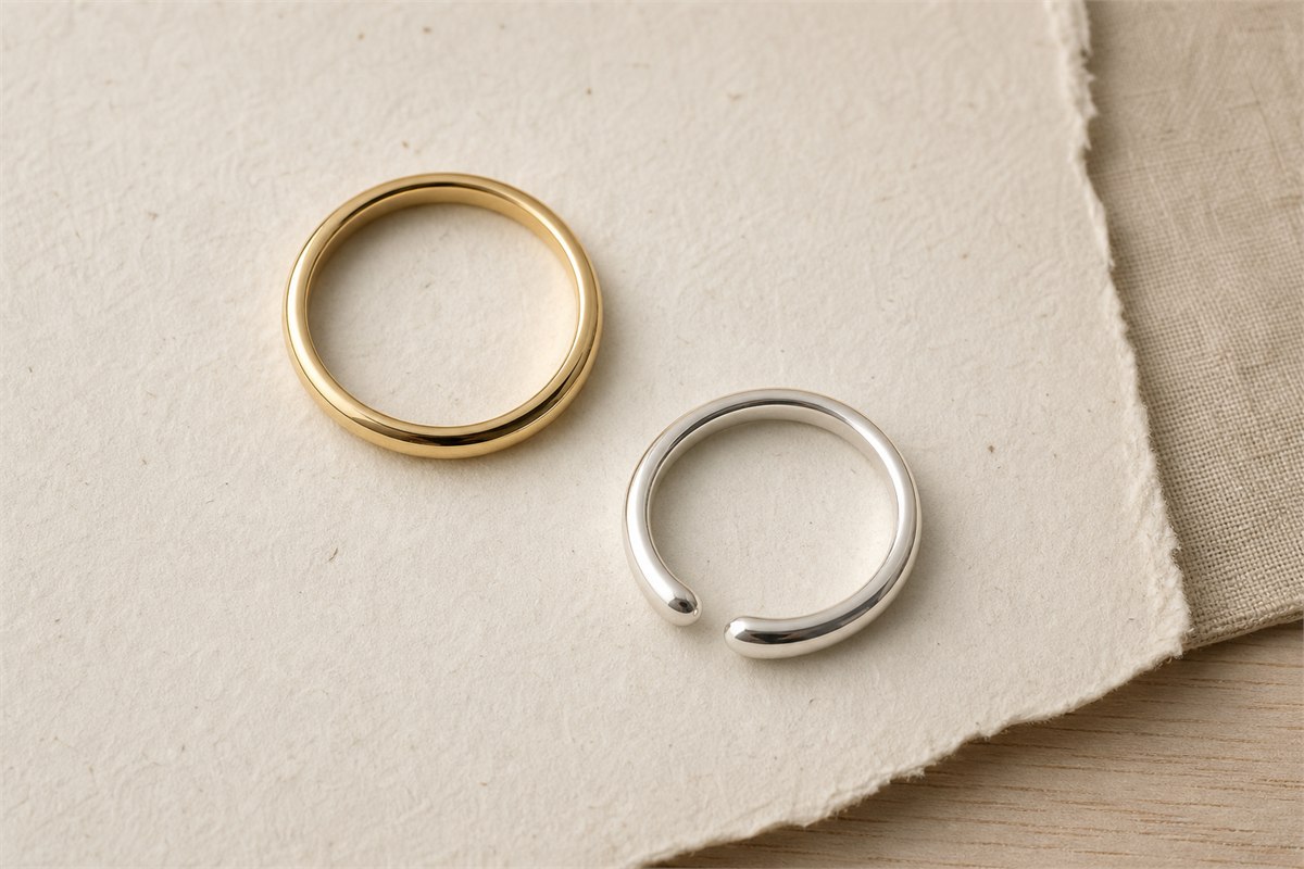 A closed gold band and an open silver ring on warm ivory handmade paper