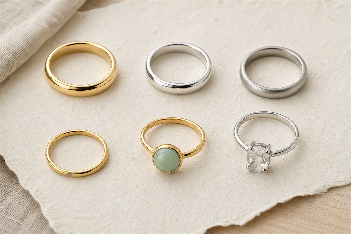 Six rings showing gold, silver-toned metals, pale jade, and clear crystal settings