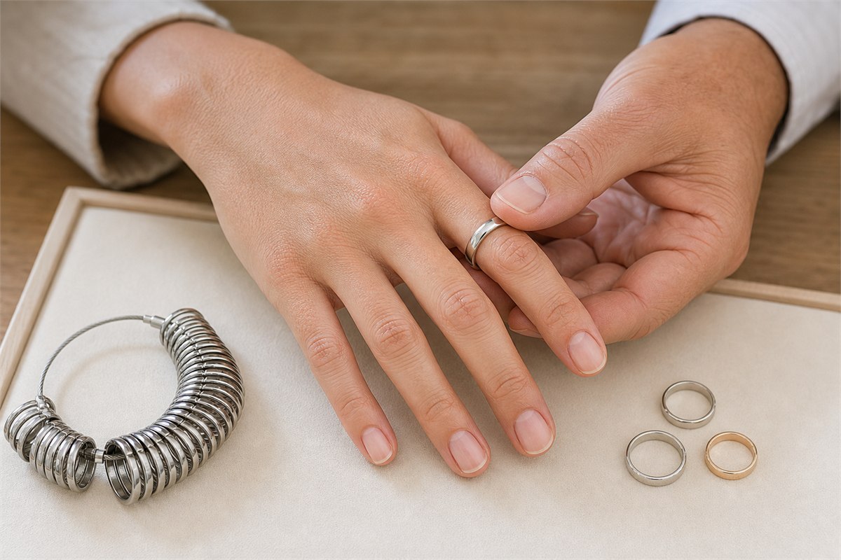 A jeweler gently checking a silver ring on an adult middle finger beside ring-sizing loops